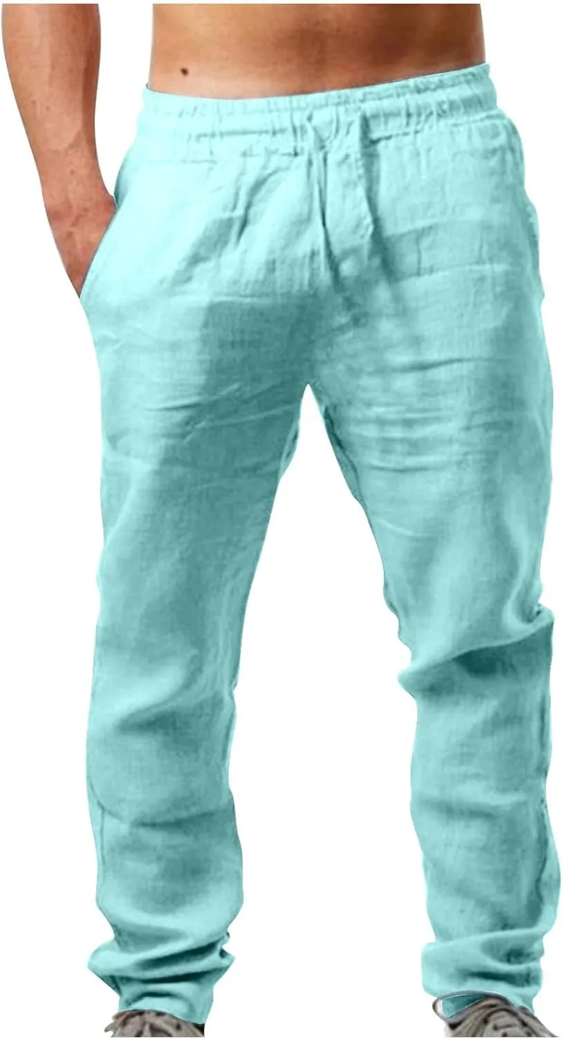 Hiking Pants Men,Man's Summer Lightweight Long Work Pants Casual Comfort Fit Drawstring Trousers Mens Beach Clothes