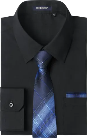 HISDERN Mens Dress Shirt Long Sleeve Matching Tie and Pocket Square Set Classic Button Down Formal Business Shirts
