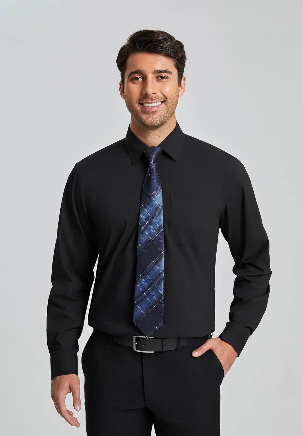HISDERN Mens Dress Shirt Long Sleeve Matching Tie and Pocket Square Set Classic Button Down Formal Business Shirts