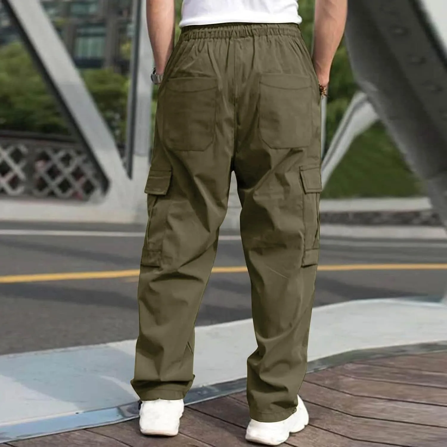 hlysgo Men's Cargo Pants High Waisted Drawstring Wide Leg Straight Pants Casual Loose Fit Cotton Hiking Pants with Pockets