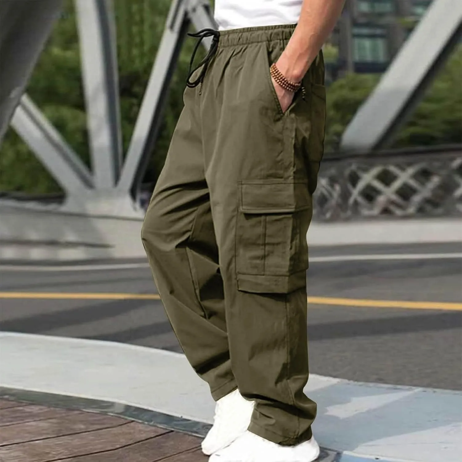hlysgo Men's Cargo Pants High Waisted Drawstring Wide Leg Straight Pants Casual Loose Fit Cotton Hiking Pants with Pockets