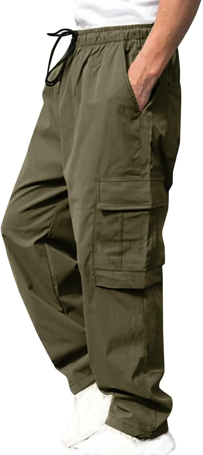 hlysgo Men's Cargo Pants High Waisted Drawstring Wide Leg Straight Pants Casual Loose Fit Cotton Hiking Pants with Pockets