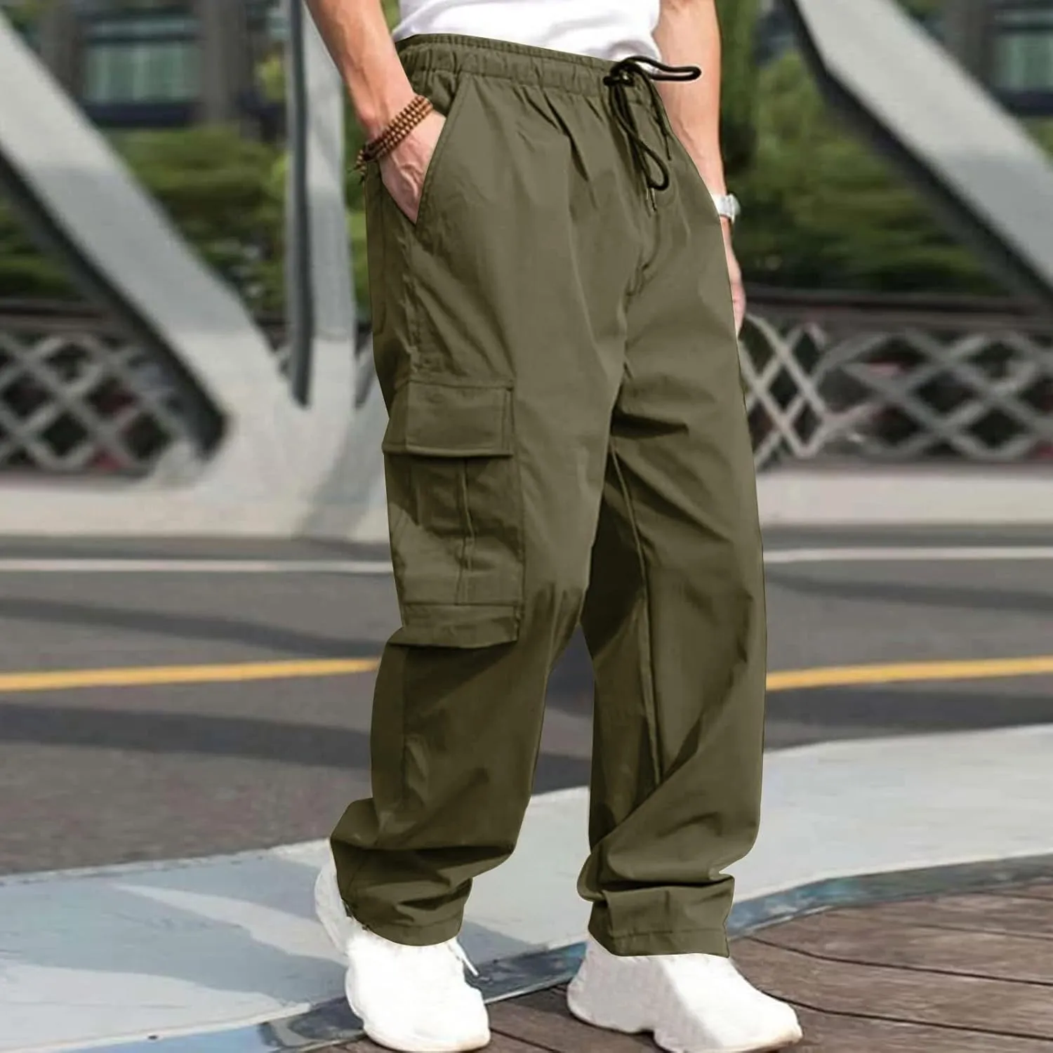 hlysgo Men's Cargo Pants High Waisted Drawstring Wide Leg Straight Pants Casual Loose Fit Cotton Hiking Pants with Pockets