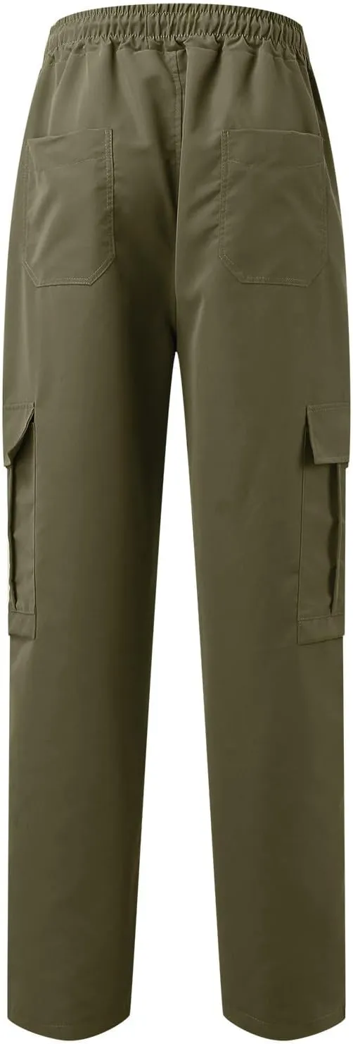 hlysgo Men's Cargo Pants High Waisted Drawstring Wide Leg Straight Pants Casual Loose Fit Cotton Hiking Pants with Pockets