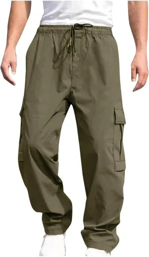 hlysgo Men's Cargo Pants High Waisted Drawstring Wide Leg Straight Pants Casual Loose Fit Cotton Hiking Pants with Pockets