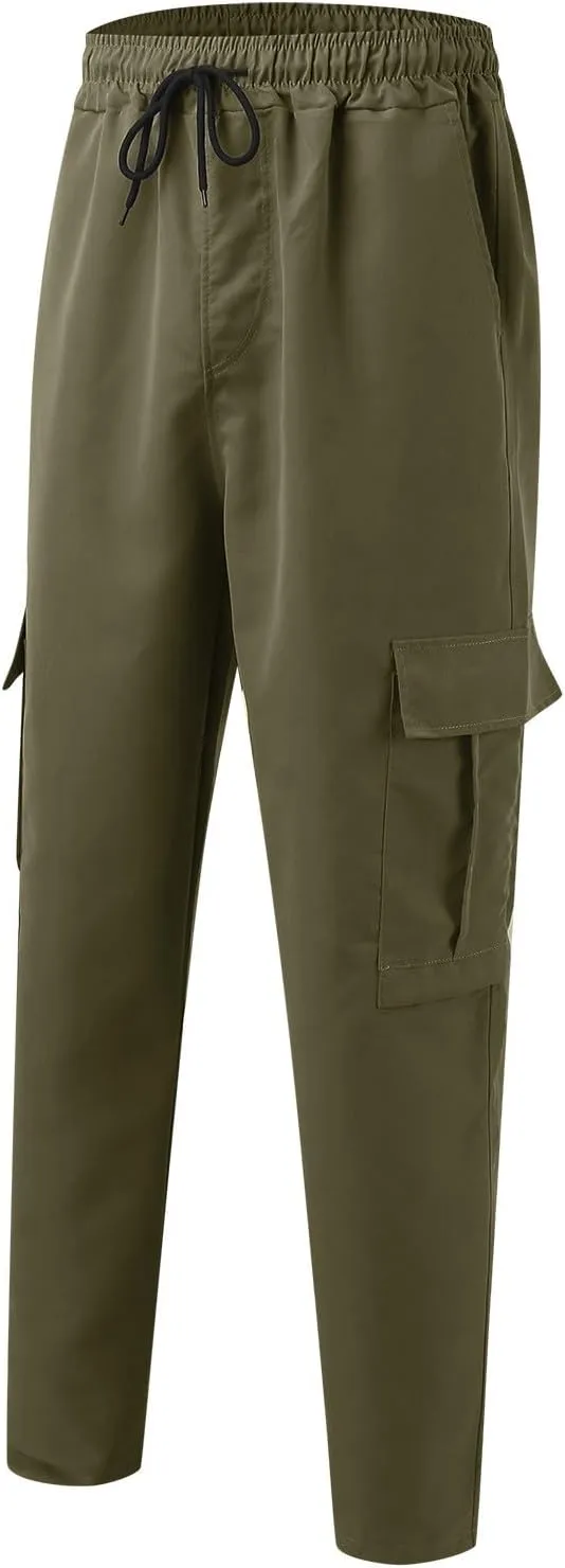 hlysgo Men's Cargo Pants High Waisted Drawstring Wide Leg Straight Pants Casual Loose Fit Cotton Hiking Pants with Pockets