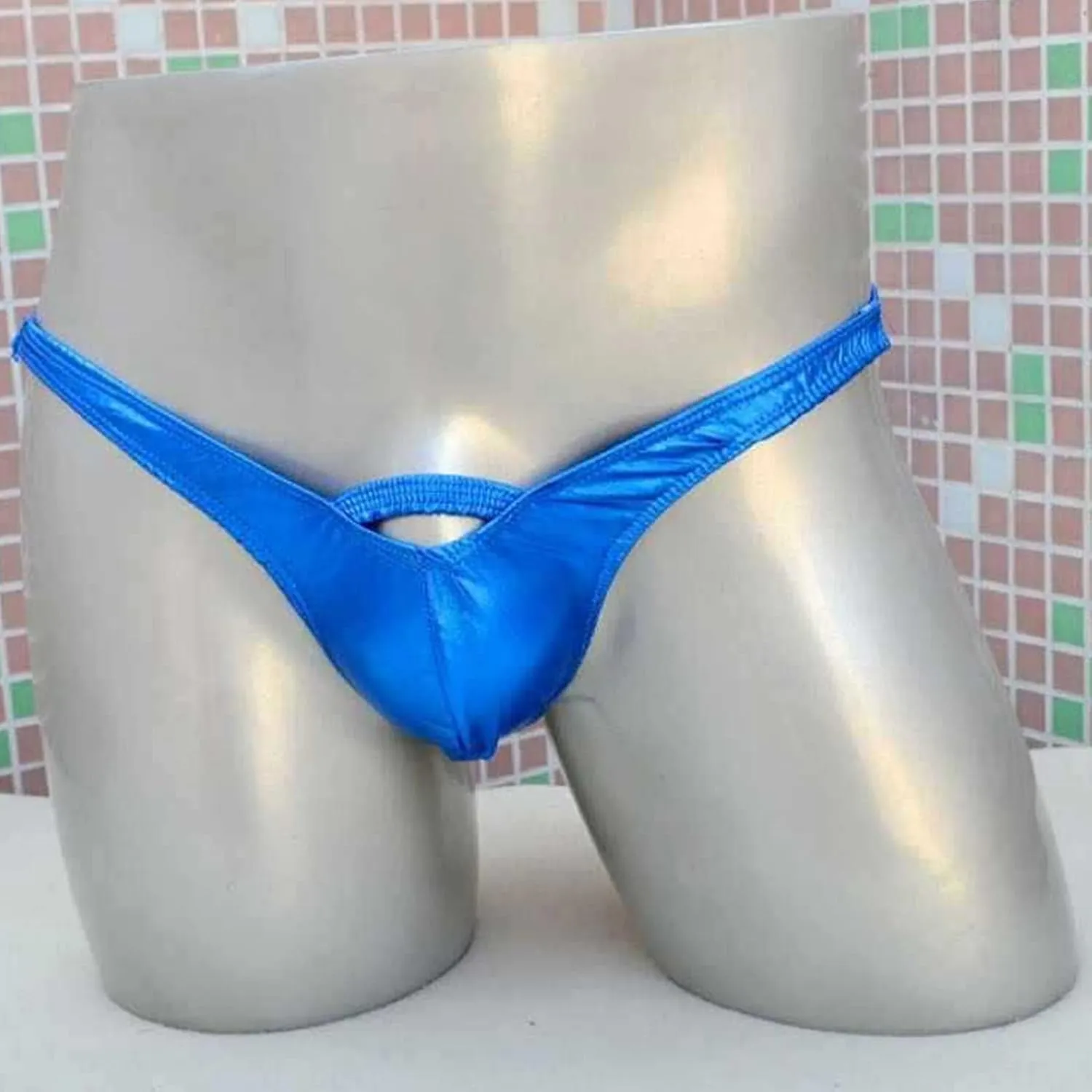 JEsilunmaMY Hollow Pouch G-String for Men Low Rise Cutout Shiny Leather Thongs Underwear Solid Color Stretch Panties Briefs