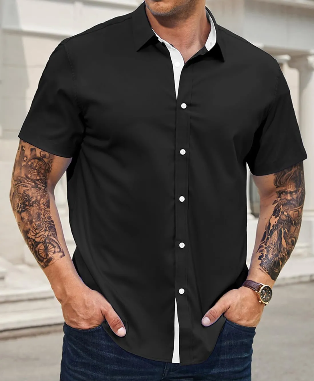 JMIERR Men's Casual Button Down Shirts Wrinkle-Free Short Sleeve Business Dress Shirt