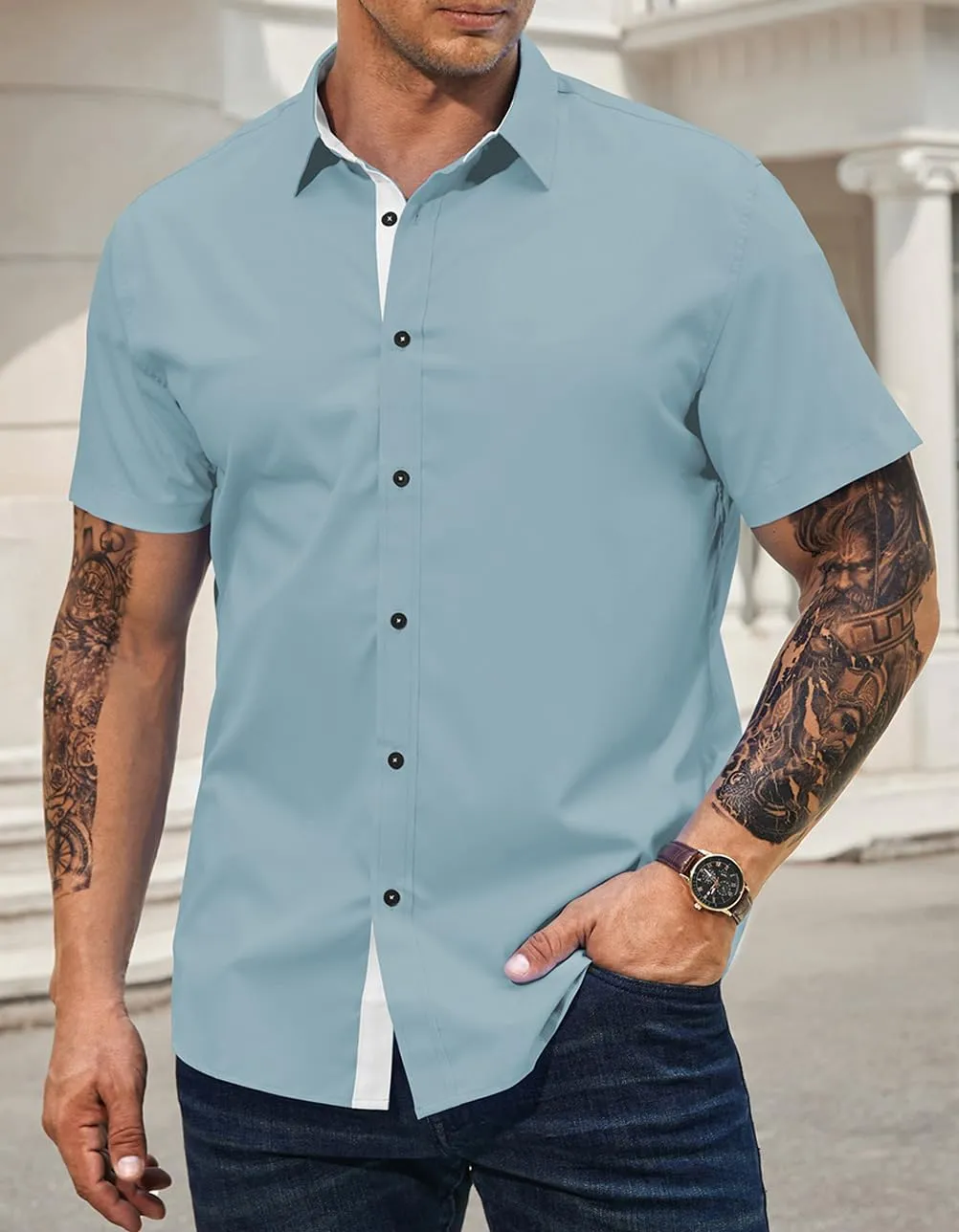 JMIERR Men's Casual Button Down Shirts Wrinkle-Free Short Sleeve Business Dress Shirt