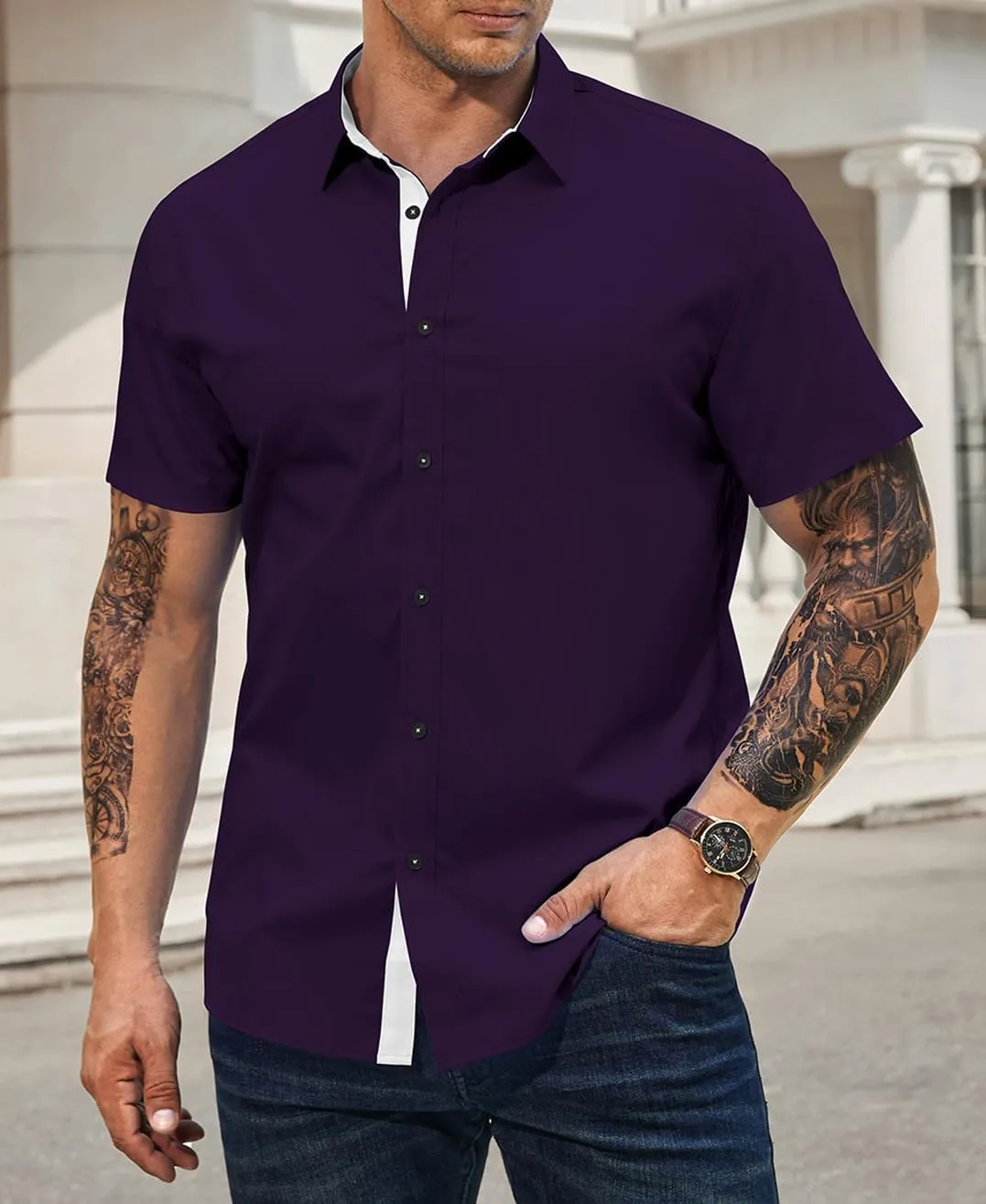 JMIERR Men's Casual Button Down Shirts Wrinkle-Free Short Sleeve Business Dress Shirt