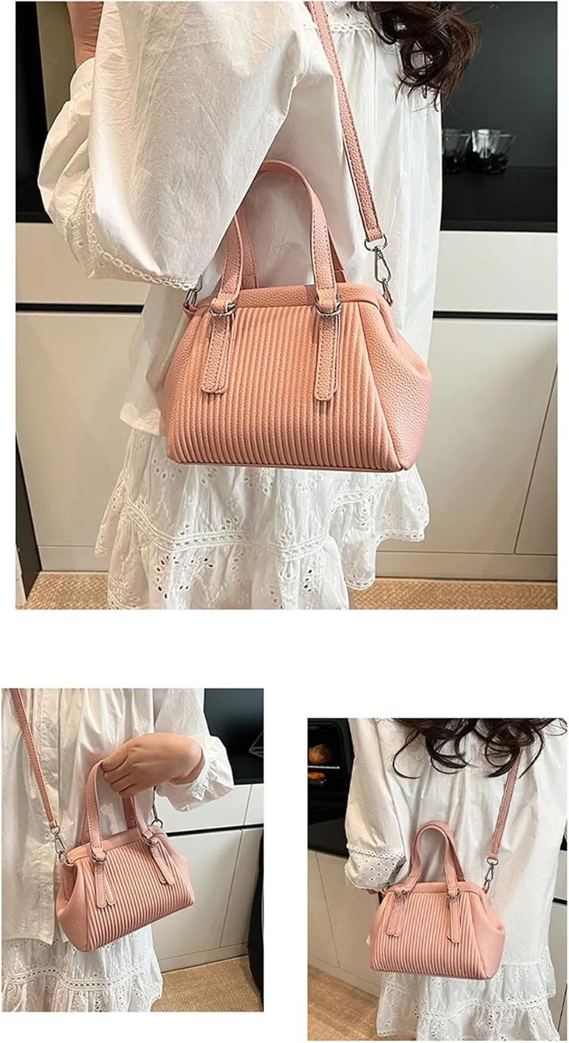 JYG Small Tote Bag for Women Spring PU Leather Shoulder Bag Kiss Lock Satchel Purse with Adjustable Strap