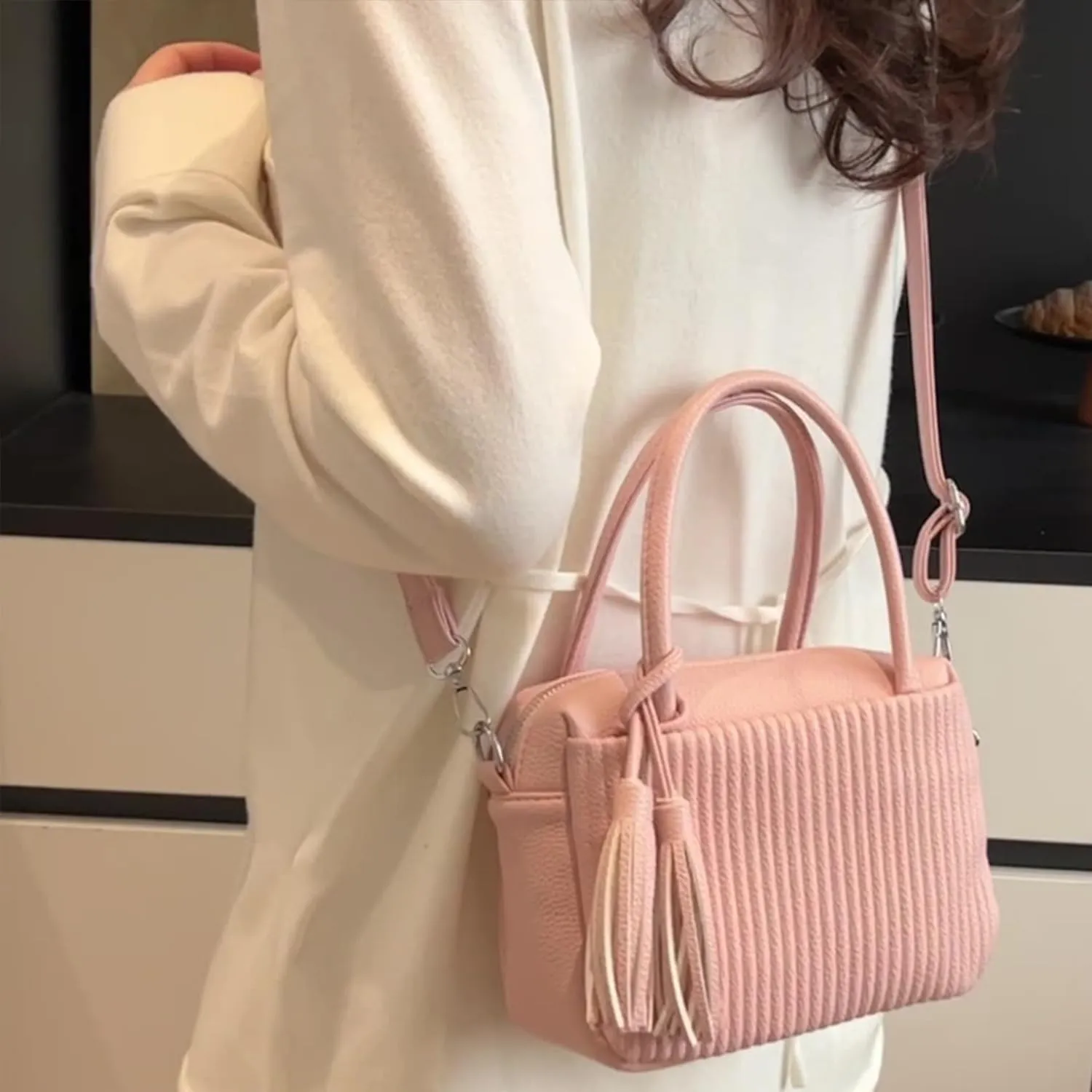 JYG Women's Strip pattern handbag Fashion PU Leather Satchel Purse Lightweight Shoulder Bag With Tassel Decoration