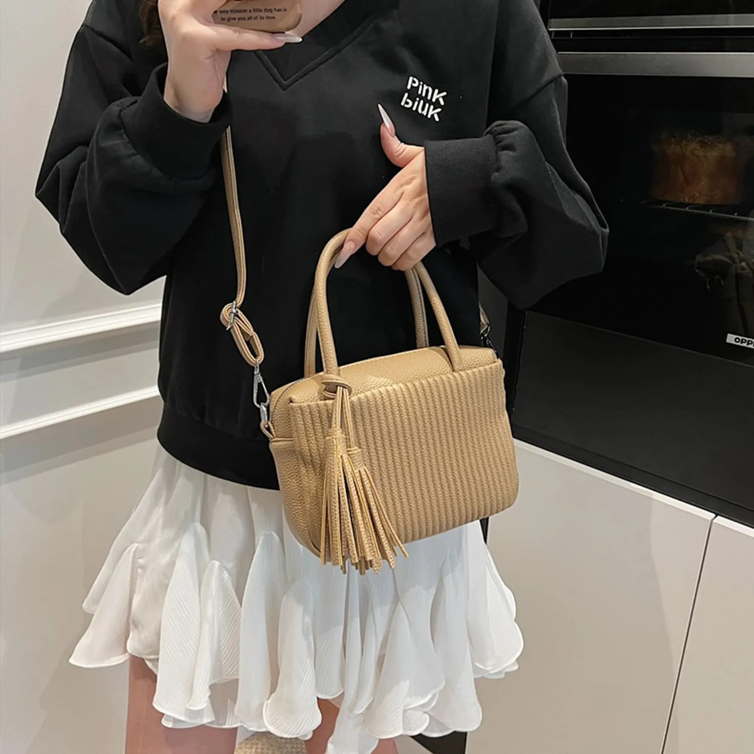 JYG Women's Strip pattern handbag Fashion PU Leather Satchel Purse Lightweight Shoulder Bag With Tassel Decoration