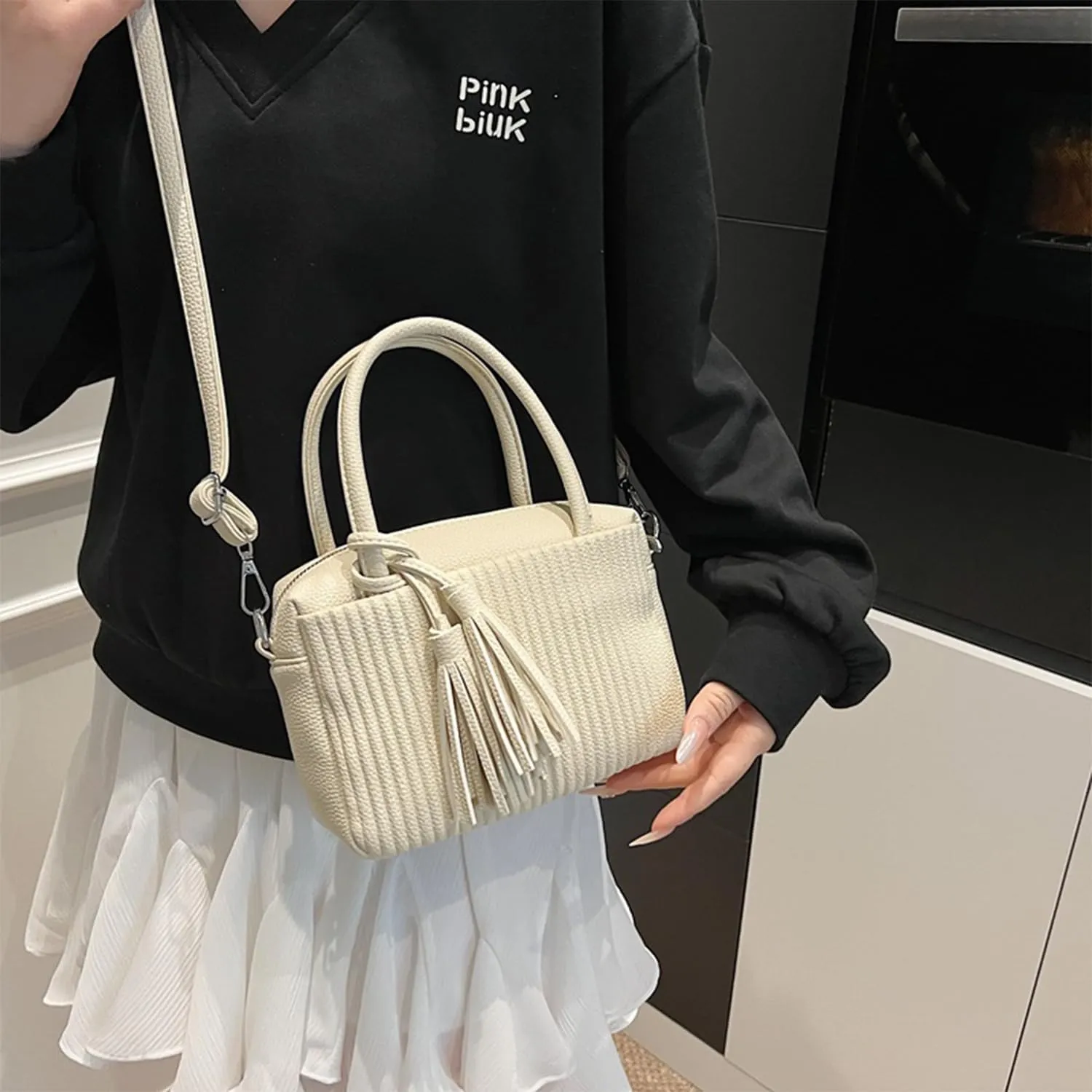 JYG Women's Strip pattern handbag Fashion PU Leather Satchel Purse Lightweight Shoulder Bag With Tassel Decoration
