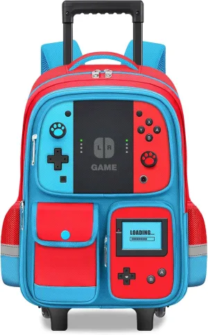 Kids Rolling Backpack for Boys - Gamer Boys Rolling Backpack with Wheels, Wheeled Travel Bookbag for Elementary Middle School, Lightweight Roller School Bag