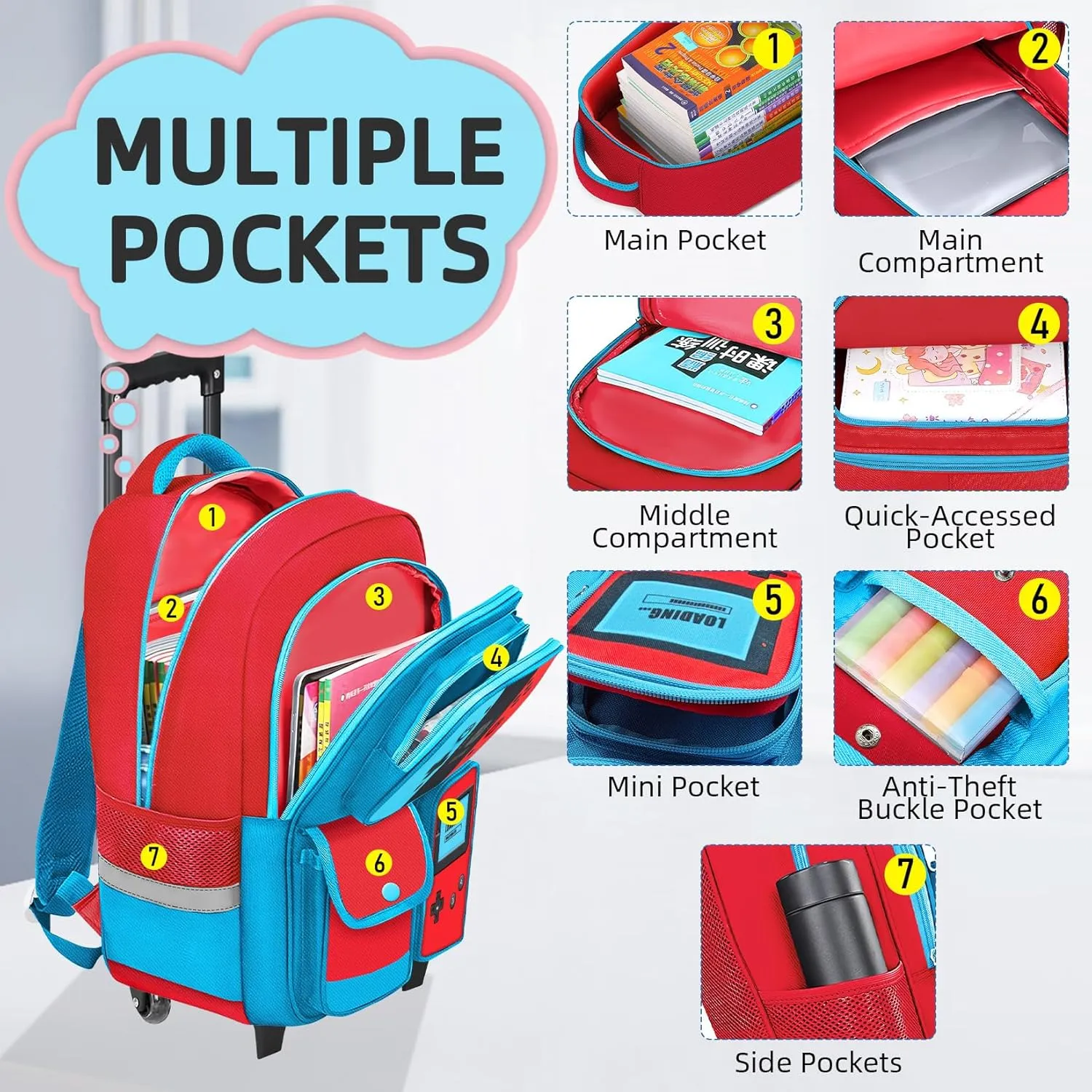 Kids Rolling Backpack for Boys - Gamer Boys Rolling Backpack with Wheels, Wheeled Travel Bookbag for Elementary Middle School, Lightweight Roller School Bag