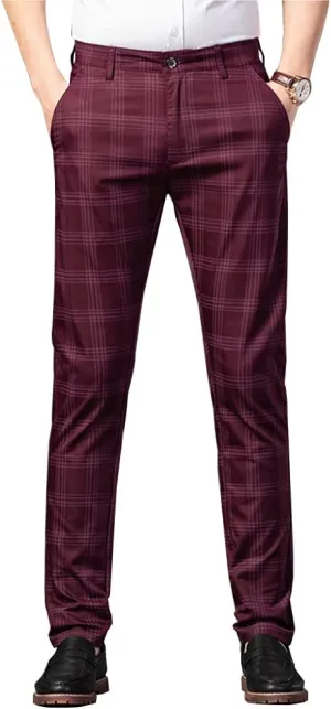 Kinghua Mens Plaid Pants Casual Stretch Slim Fit Dress Chinos Pants