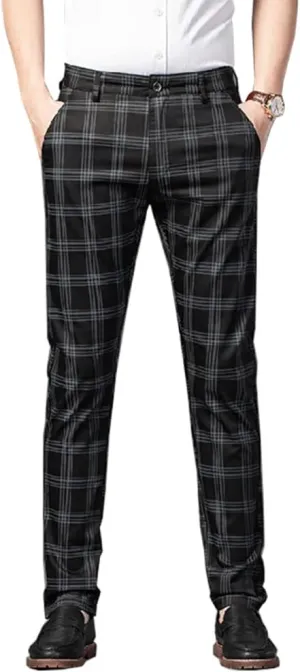 Kinghua Mens Plaid Pants Casual Stretch Slim Fit Dress Chinos Pants