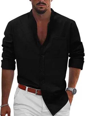 KUIOLYPOER Button Down Linen Shirts for Men Solid Color Casual Long Sleeve Regular Fit Cotton Beach Shirts with Pocket