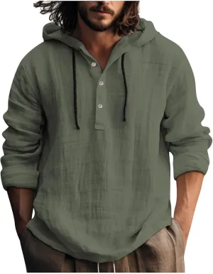 KUIOLYPOER Men's Cotton Linen Shirts Long Sleeve Hooded Drawstring Shirt Spring Summer Casual Loose Beach Shirts with Hood