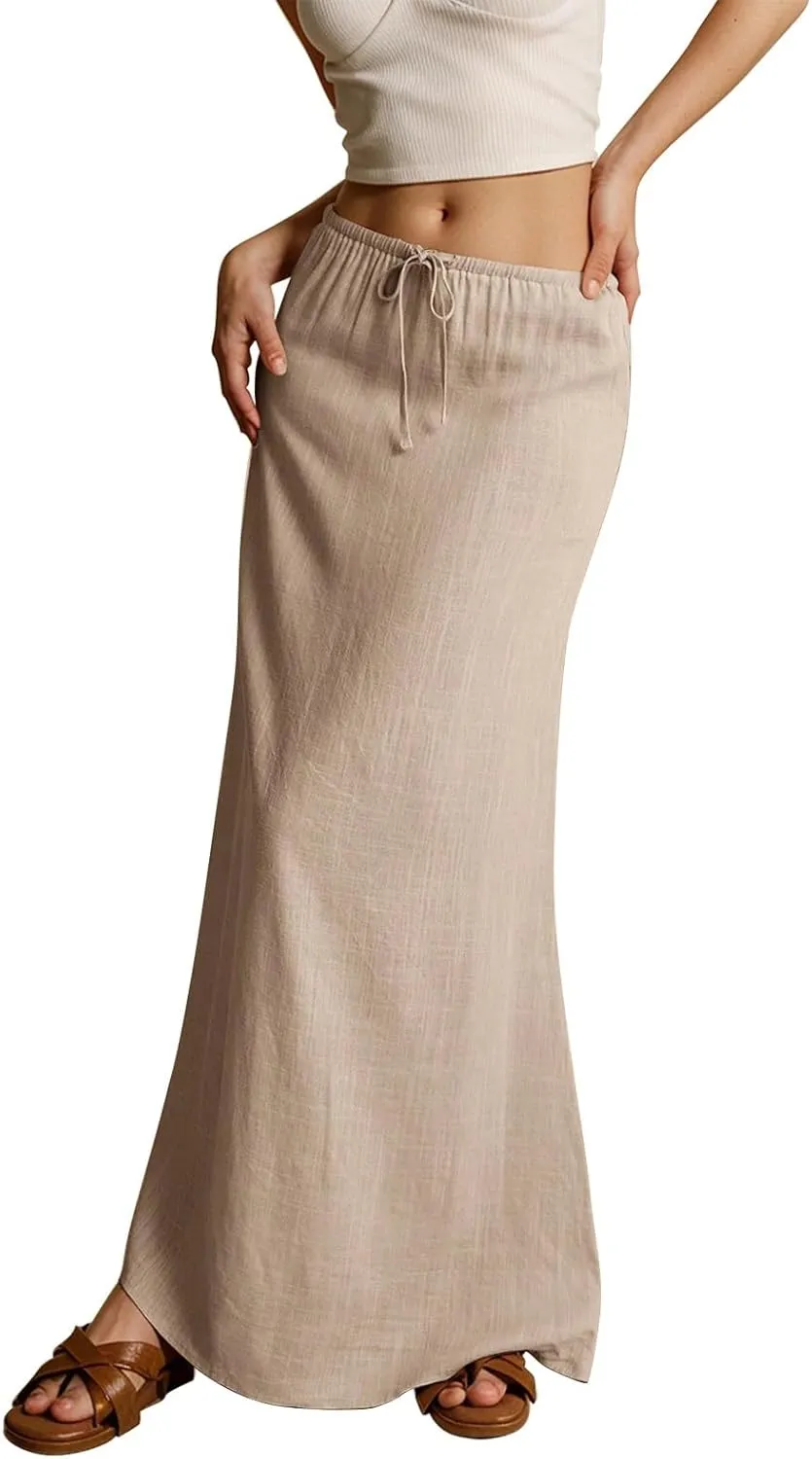 Linen Cotton Maxi Skirts for Women 2025 Summer Boho Beach Casul Vacation Drawstring Long Skirt