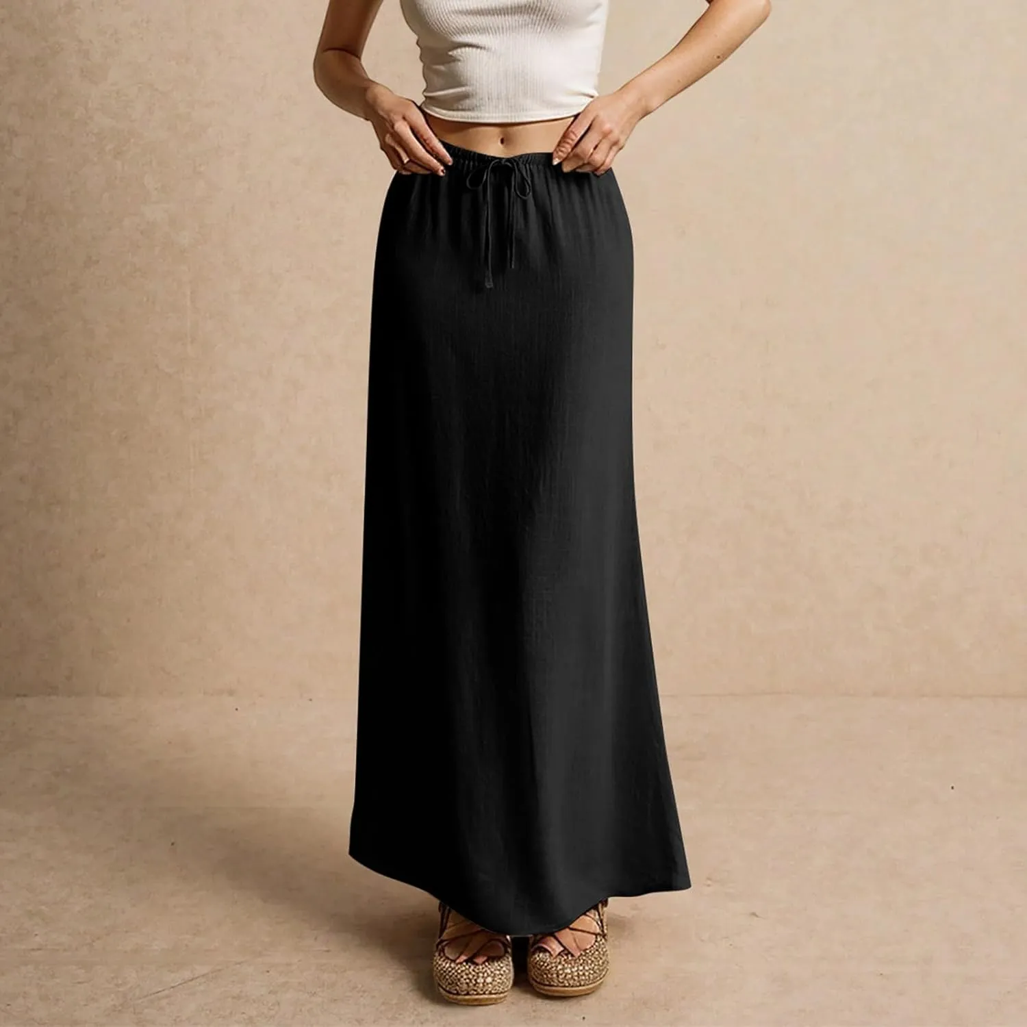 Linen Cotton Maxi Skirts for Women 2025 Summer Boho Beach Casul Vacation Drawstring Long Skirt