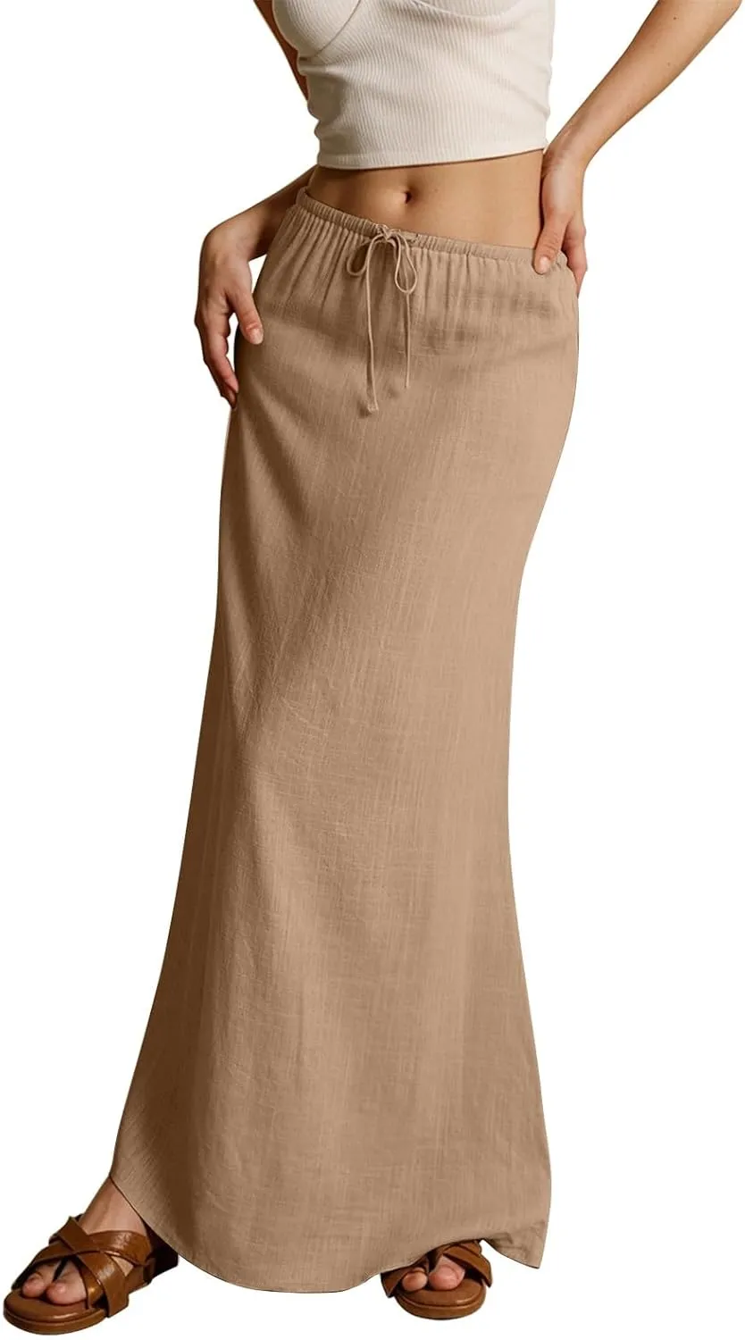 Linen Cotton Maxi Skirts for Women 2025 Summer Boho Beach Casul Vacation Drawstring Long Skirt