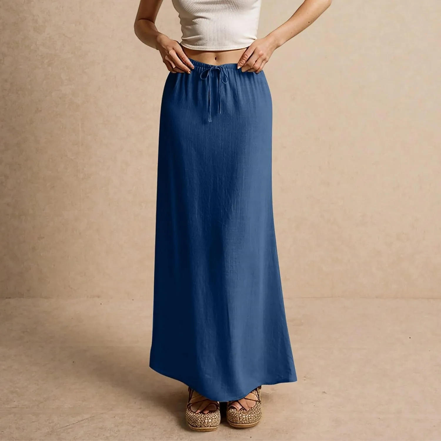 Linen Cotton Maxi Skirts for Women 2025 Summer Boho Beach Casul Vacation Drawstring Long Skirt