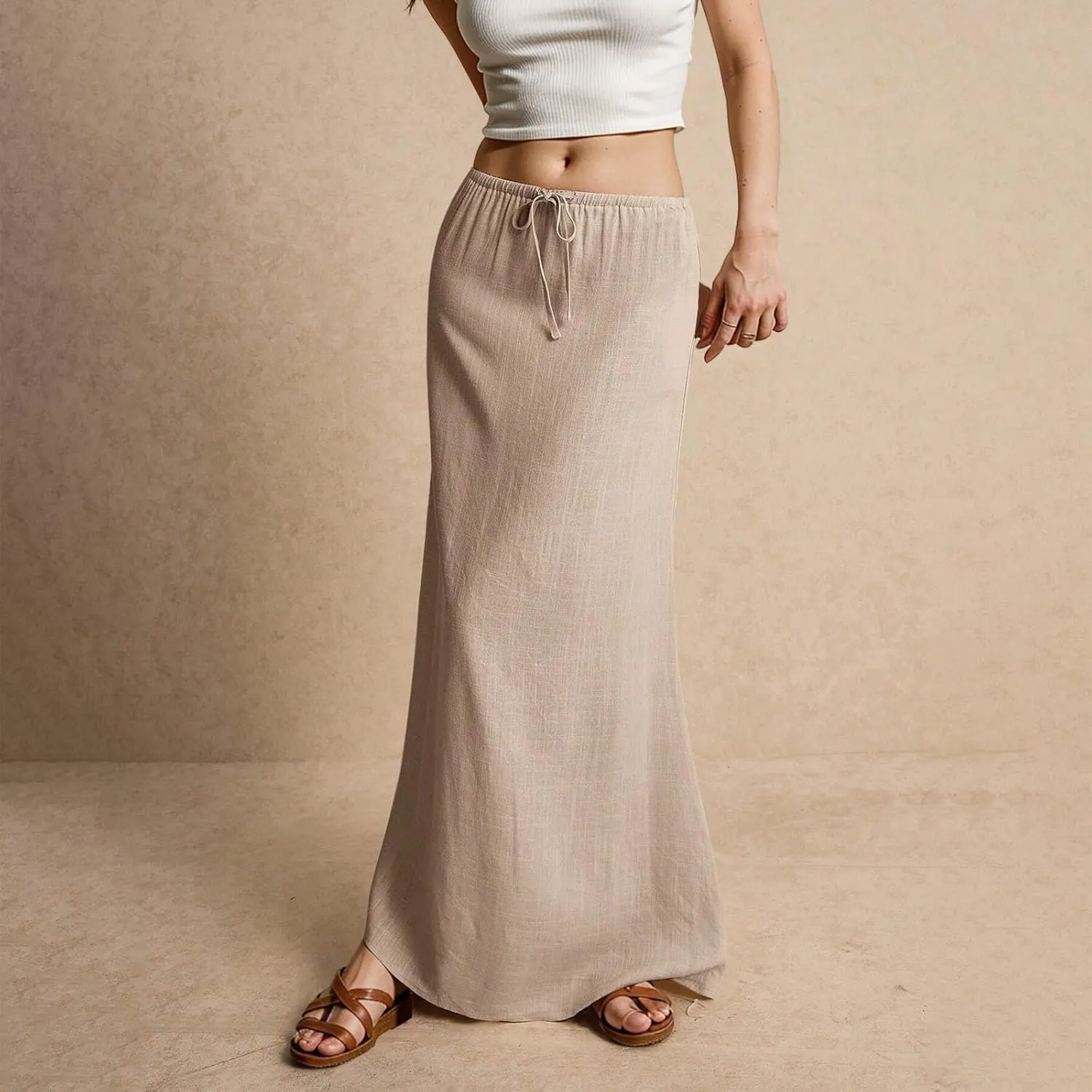 Linen Cotton Maxi Skirts for Women 2025 Summer Boho Beach Casul Vacation Drawstring Long Skirt