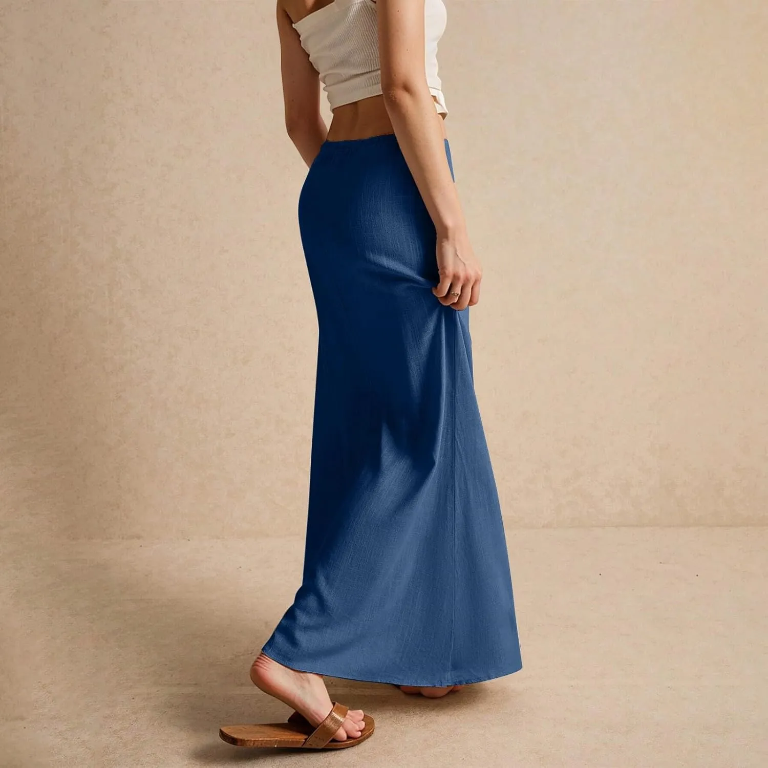Linen Cotton Maxi Skirts for Women 2025 Summer Boho Beach Casul Vacation Drawstring Long Skirt