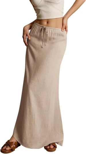 Linen Cotton Maxi Skirts for Women 2025 Summer Boho Beach Casul Vacation Drawstring Long Skirt