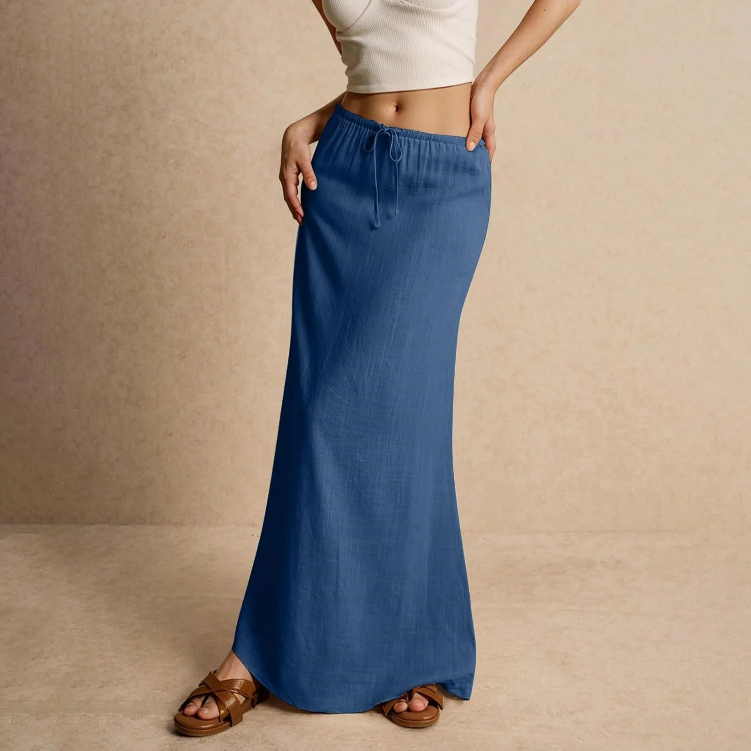 Linen Cotton Maxi Skirts for Women 2025 Summer Boho Beach Casul Vacation Drawstring Long Skirt