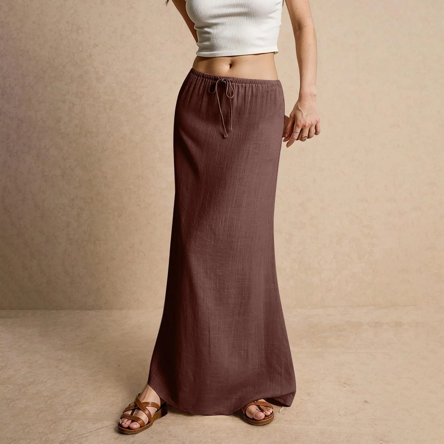 Linen Cotton Maxi Skirts for Women 2025 Summer Boho Beach Casul Vacation Drawstring Long Skirt