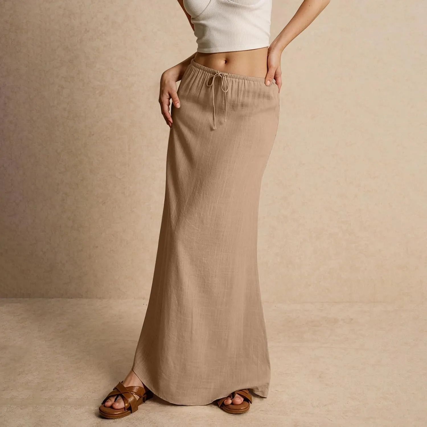 Linen Cotton Maxi Skirts for Women 2025 Summer Boho Beach Casul Vacation Drawstring Long Skirt