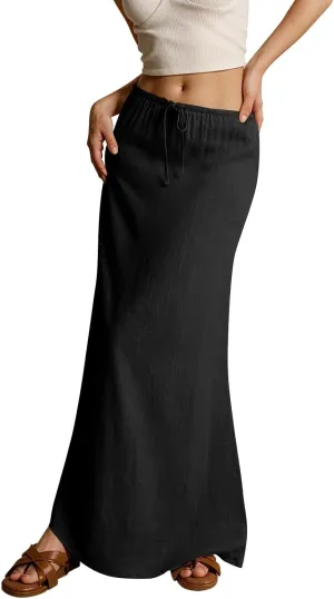 Linen Cotton Maxi Skirts for Women 2025 Summer Boho Beach Casul Vacation Drawstring Long Skirt