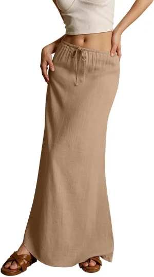 Linen Cotton Maxi Skirts for Women 2025 Summer Boho Beach Casul Vacation Drawstring Long Skirt