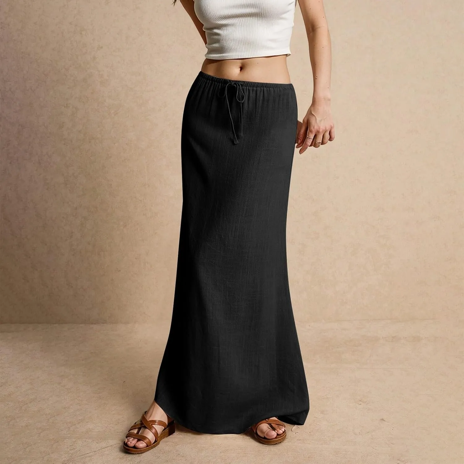 Linen Cotton Maxi Skirts for Women 2025 Summer Boho Beach Casul Vacation Drawstring Long Skirt