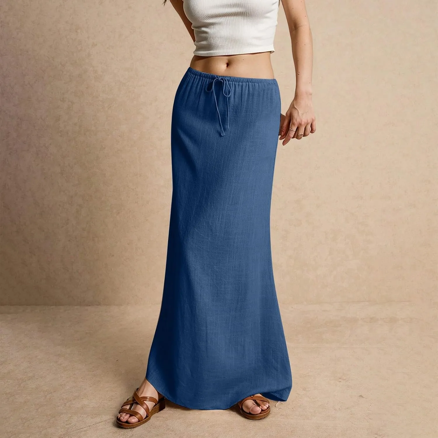 Linen Cotton Maxi Skirts for Women 2025 Summer Boho Beach Casul Vacation Drawstring Long Skirt