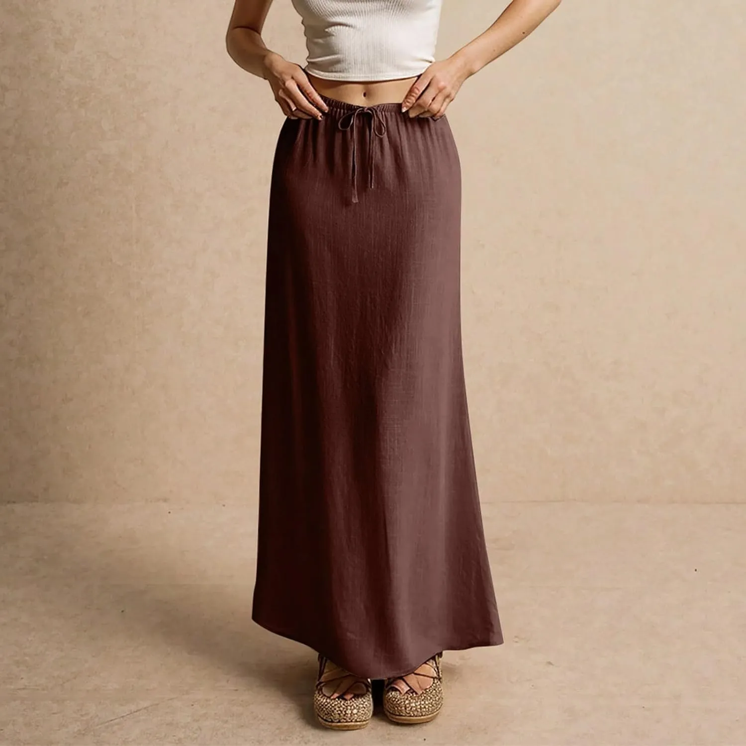 Linen Cotton Maxi Skirts for Women 2025 Summer Boho Beach Casul Vacation Drawstring Long Skirt