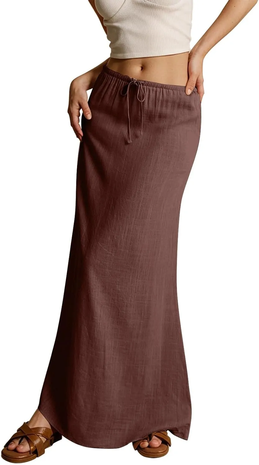 Linen Cotton Maxi Skirts for Women 2025 Summer Boho Beach Casul Vacation Drawstring Long Skirt