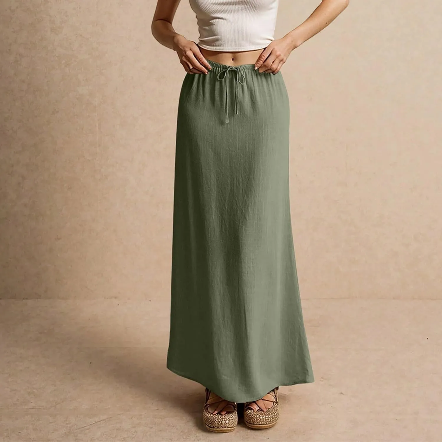 Linen Cotton Maxi Skirts for Women 2025 Summer Boho Beach Casul Vacation Drawstring Long Skirt