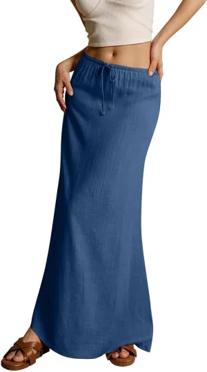 Linen Cotton Maxi Skirts for Women 2025 Summer Boho Beach Casul Vacation Drawstring Long Skirt