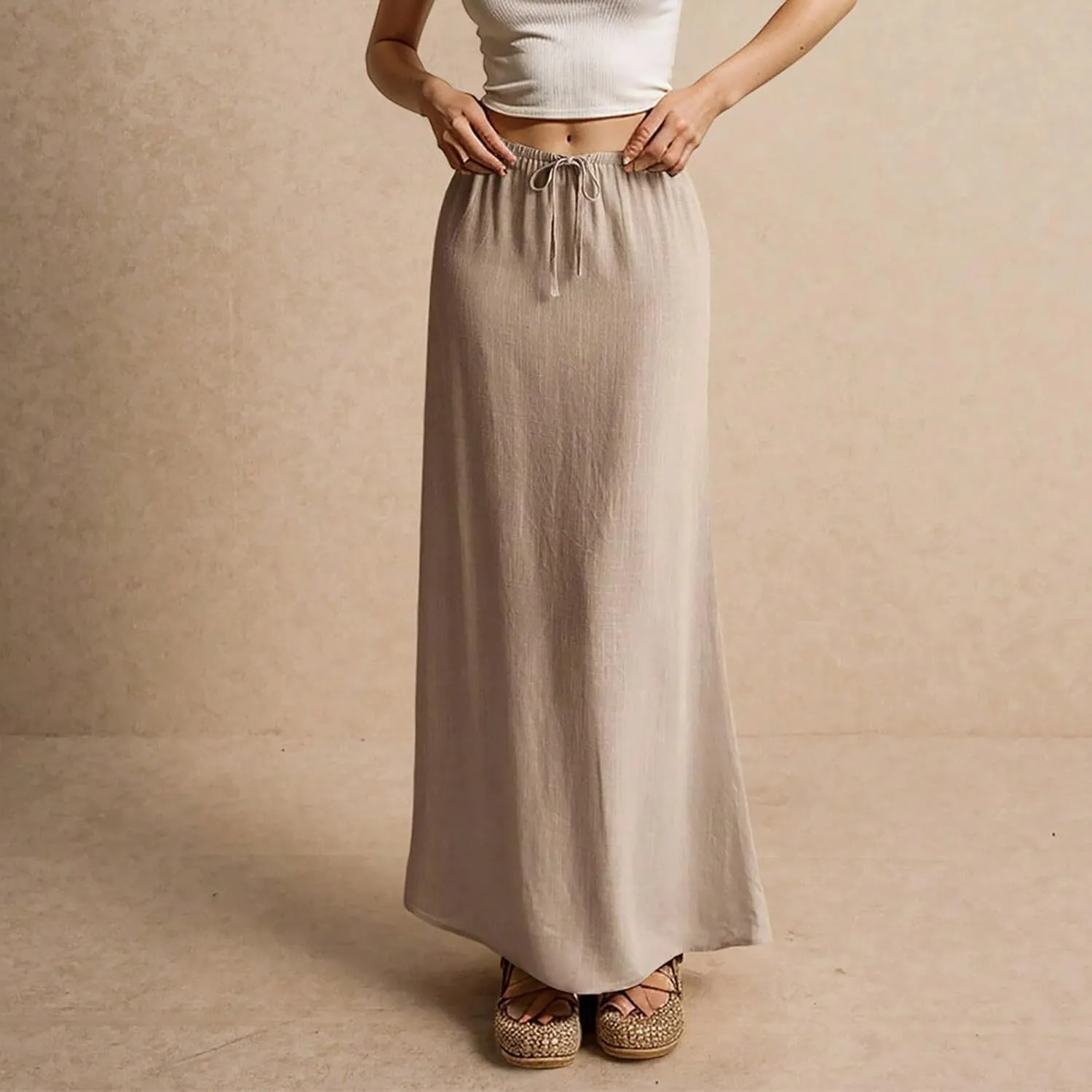 Linen Cotton Maxi Skirts for Women 2025 Summer Boho Beach Casul Vacation Drawstring Long Skirt