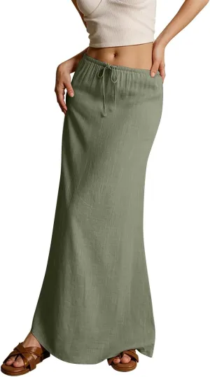 Linen Cotton Maxi Skirts for Women 2025 Summer Boho Beach Casul Vacation Drawstring Long Skirt