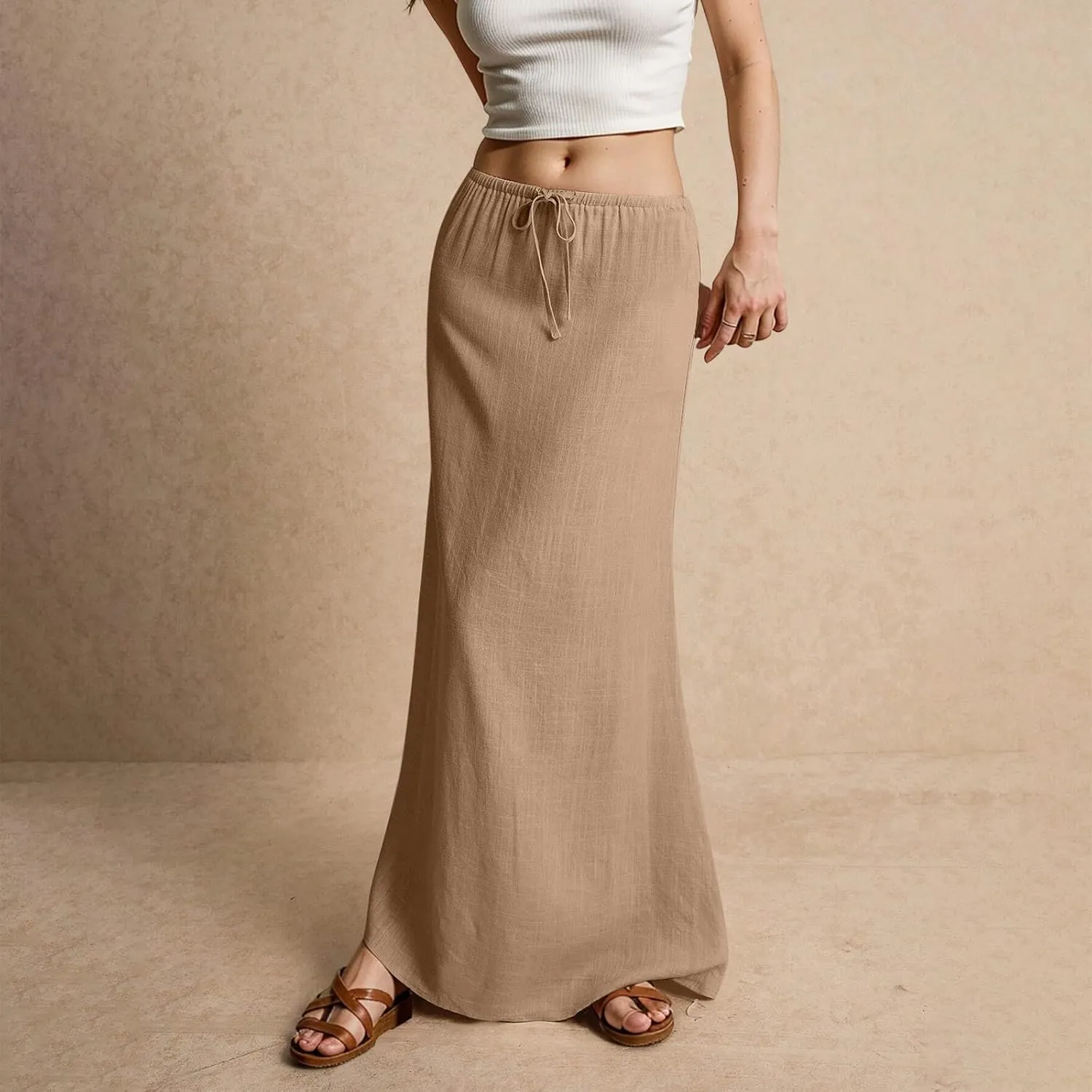 Linen Cotton Maxi Skirts for Women 2025 Summer Boho Beach Casul Vacation Drawstring Long Skirt