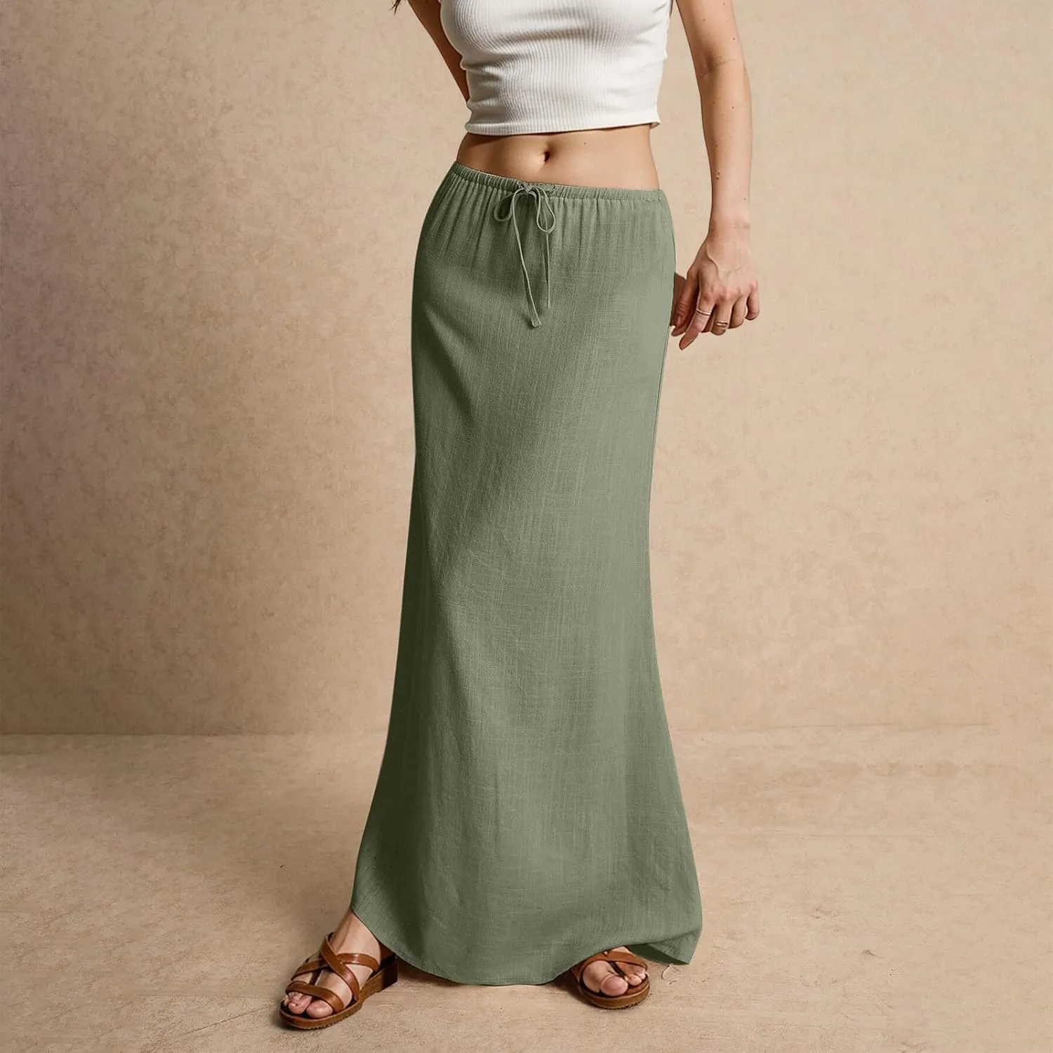 Linen Cotton Maxi Skirts for Women 2025 Summer Boho Beach Casul Vacation Drawstring Long Skirt