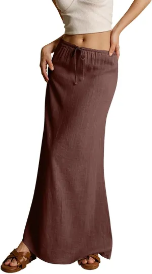 Linen Cotton Maxi Skirts for Women 2025 Summer Boho Beach Casul Vacation Drawstring Long Skirt
