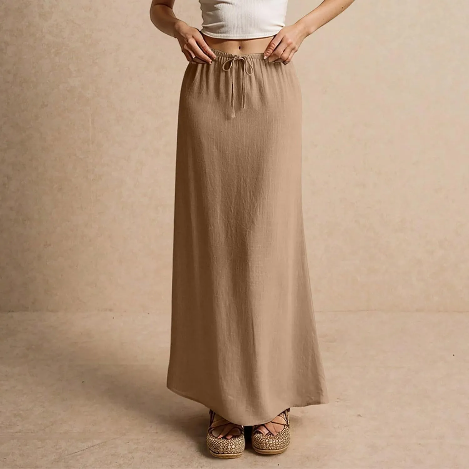 Linen Cotton Maxi Skirts for Women 2025 Summer Boho Beach Casul Vacation Drawstring Long Skirt