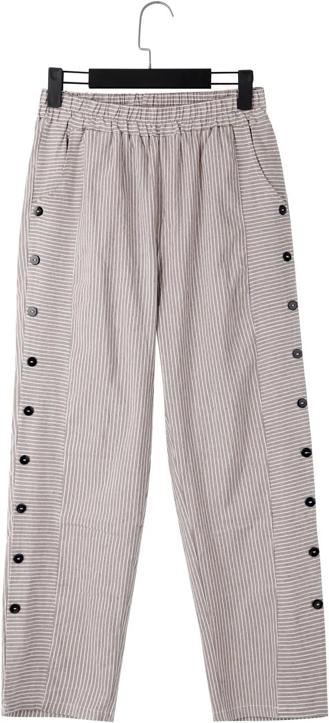 Linen Pants for Women 2025,Fashion Striped Summer Casual Pants, Elastic Waist Straight Leg Baggy Trousers Pockets