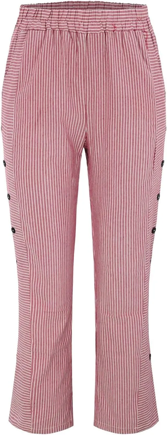 Linen Pants for Women 2025,Fashion Striped Summer Casual Pants, Elastic Waist Straight Leg Baggy Trousers Pockets
